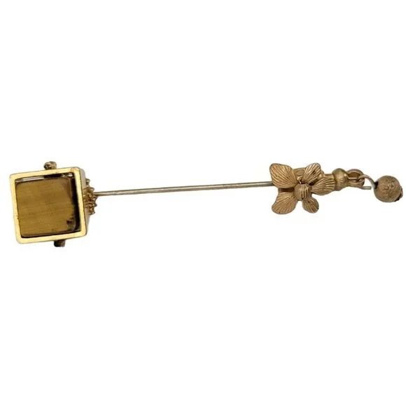 Miriam Haskell Vintage Gold Tone Tiger Eye Cube Stick Pin, M60